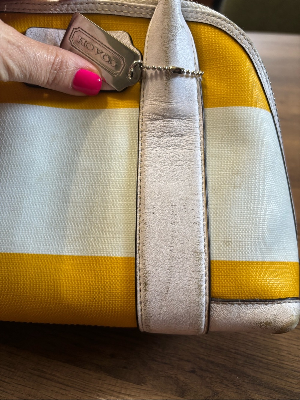 Coach Yellow and White Stripe Mini Satchel with Leather Trim - Picture 4 of 5